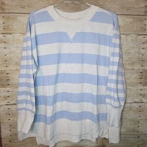 Maurices Men's Light Blue and White Striped Crewneck Sweater